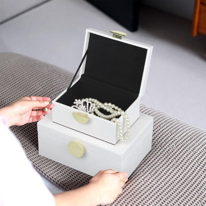 HofferRuffer Faux Leather Jewelry Boxes, Decorative Boxes Storage Accessory Organizer with Gold Hardware Decor, Classic Vegan Leather Set of 2 Pieces (White) - Image 3